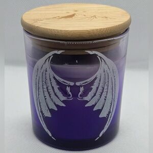 Handpoured Purple Glass Candle with Batwings and a Bamboo Lid